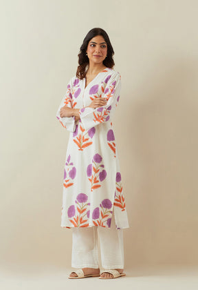 WHITE LILAC HAND BLOCK PRINTED COORD SET - Tara - C - Tara