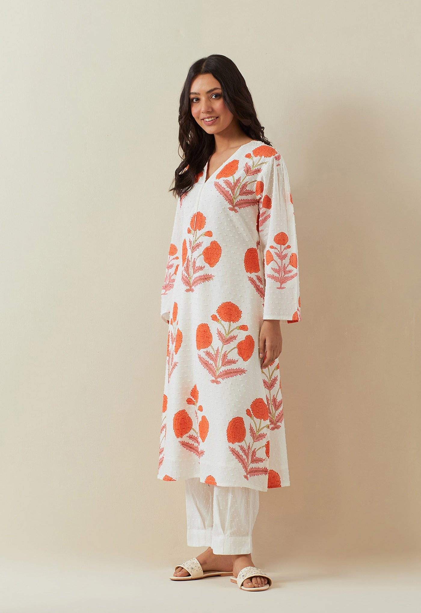 WHITE ORANGE HAND BLOCK PRINTED COORD SET - Tara - C - Tara