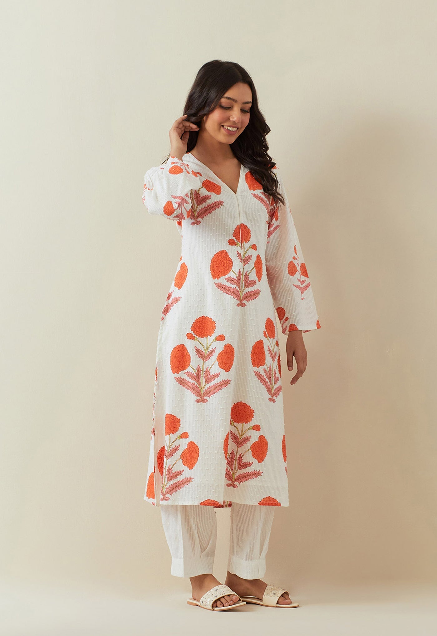 WHITE ORANGE HAND BLOCK PRINTED COORD SET - Tara - C - Tara