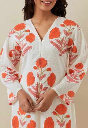 WHITE ORANGE HAND BLOCK PRINTED COORD SET - Tara - C - Tara