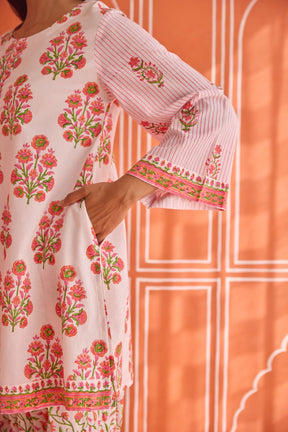 White - Pink Floral Hand bock Printed Kurta & Farsi Salwar Co - ord Set - Tara - C - Tara