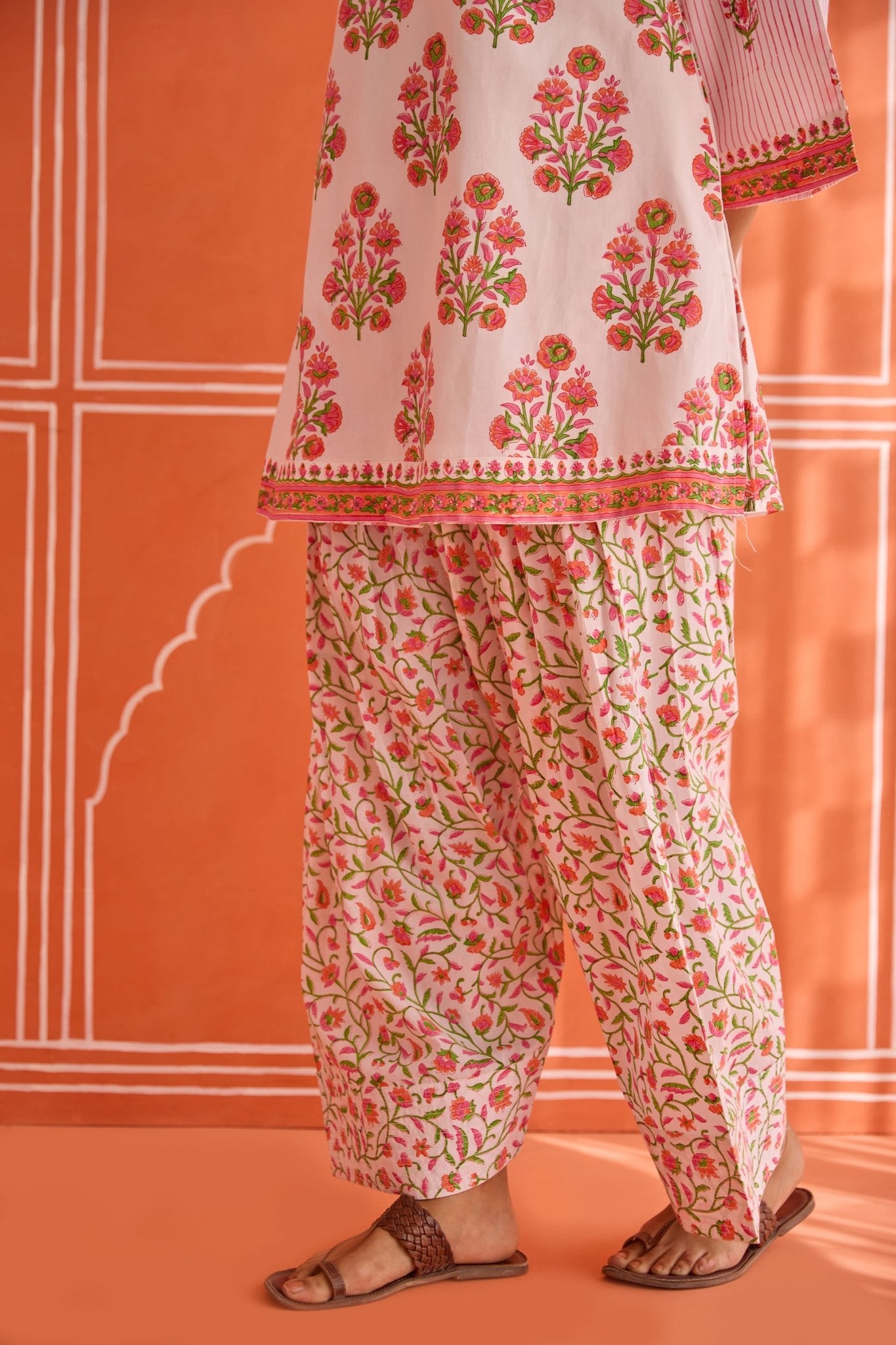 White - Pink Floral Hand bock Printed Kurta & Farsi Salwar Co - ord Set - Tara - C - Tara