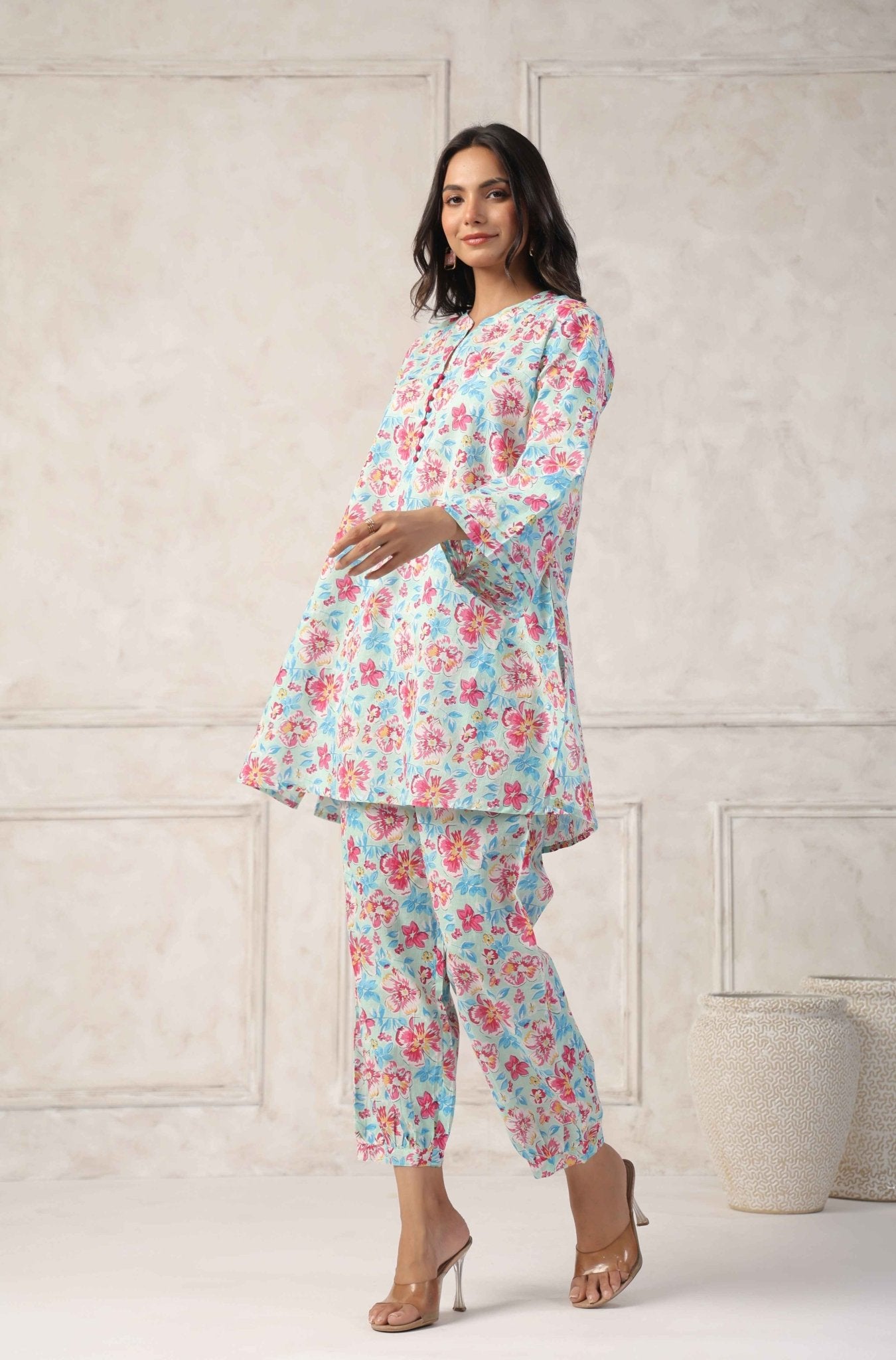 White - Pink Floral Printed Co - ord Set - Tara - C - Tara