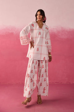White & Red Check Floral Hand Block Printed Co-ord Set