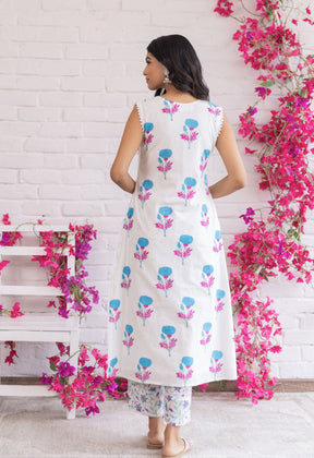 WHITE SLEEVELESS HAND BLOCK PRINTED KURTA WITH BOTTOMS - Tara - C - Tara