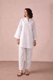 White Solid Checks Cotton Coord Set