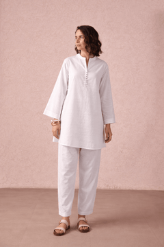 White Solid Checks Cotton Coord Set