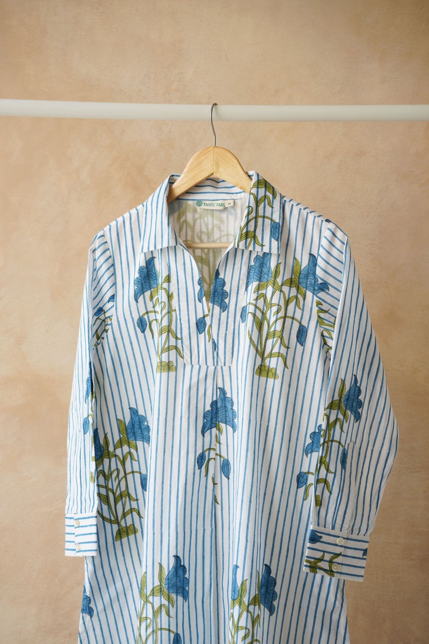 White Stripe & Blue Floral Block Print Shirt Kurta - Tara - C - Tara