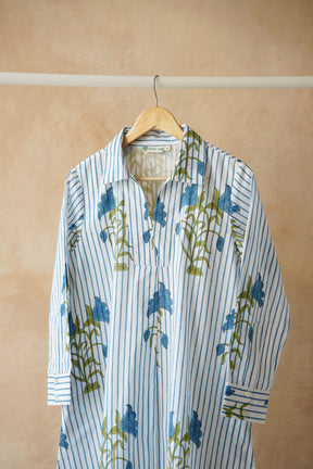 White Stripe & Blue Floral Block Print Shirt Kurta - Tara - C - Tara