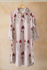 White Stripe & Red Rose Block Print Shirt Kurta - Tara - C - Tara