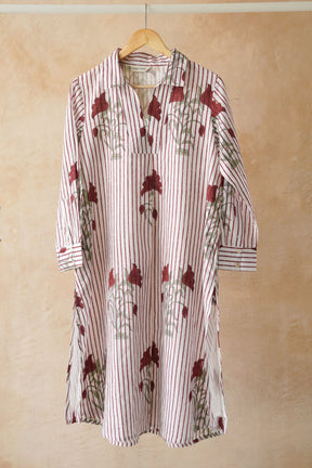 White Stripe & Red Rose Block Print Shirt Kurta - Tara - C - Tara