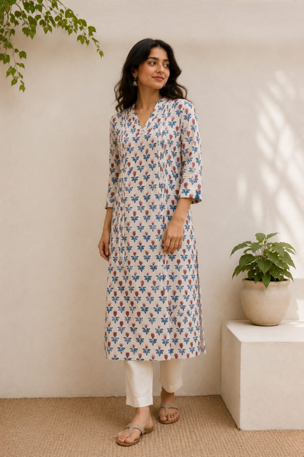 White Tulip Booti Hand Block Printed Cotton Kurta - Tara-C-Tara