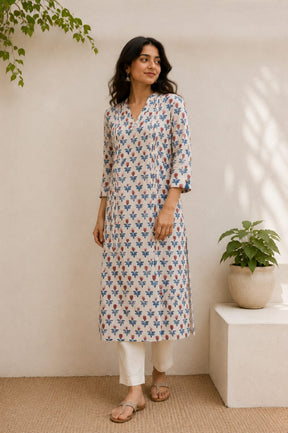 White Tulip Booti Hand Block Printed Cotton Kurta - Tara-C-Tara