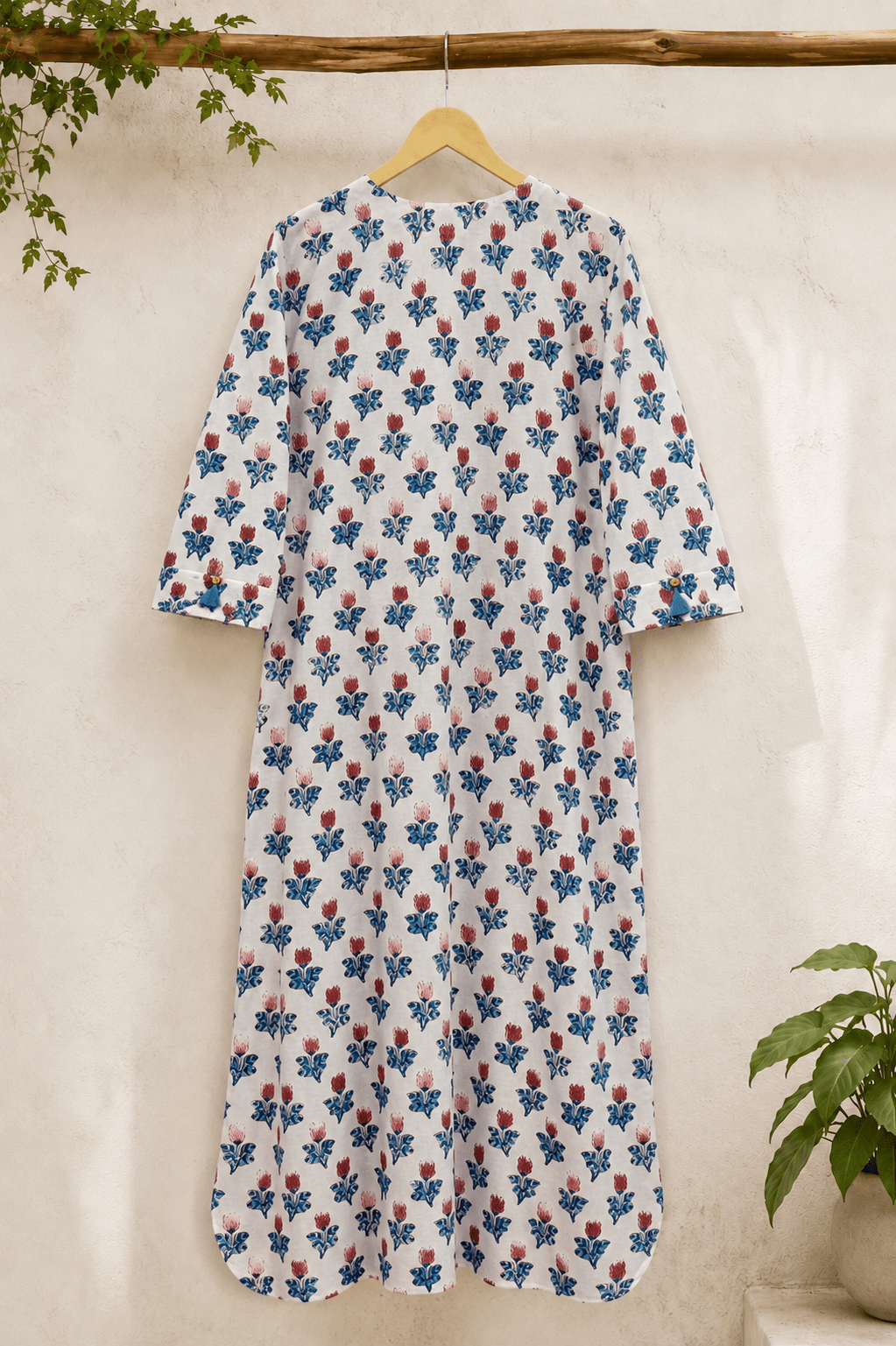 White Tulip Booti Hand Block Printed Cotton Kurta - Tara-C-Tara
