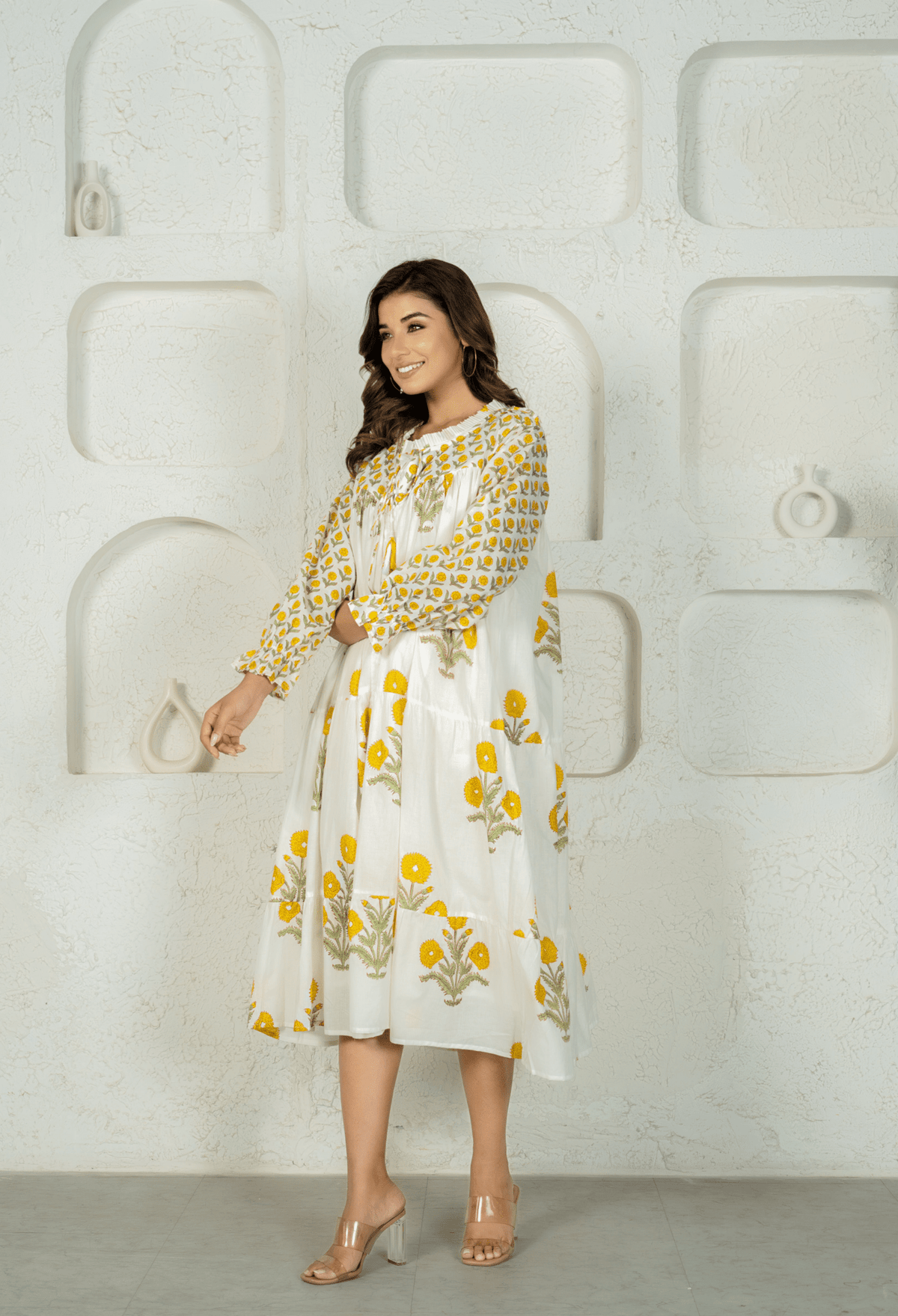 WHITE YELLOW FLORAL BUTA HAND BLOCK PRINTED DRESS - Tara - C - Tara