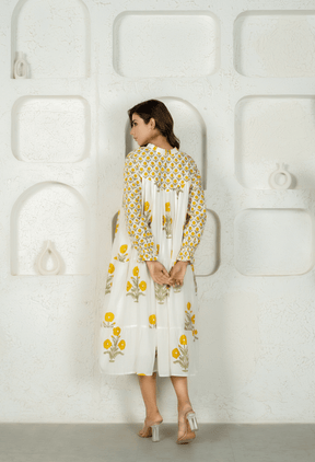 WHITE YELLOW FLORAL BUTA HAND BLOCK PRINTED DRESS - Tara - C - Tara