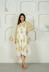 WHITE YELLOW FLORAL BUTA HAND BLOCK PRINTED DRESS - Tara - C - Tara