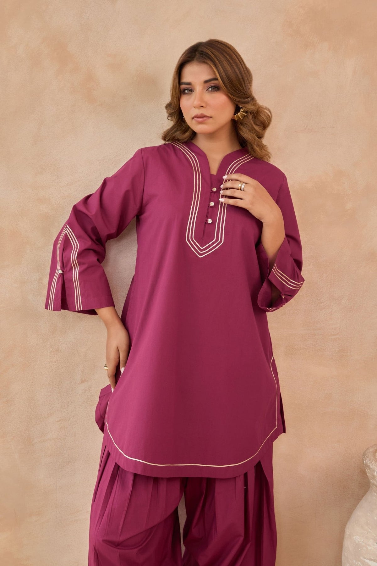 Wine Magenta Gota Piped Farsi Salwar Co-ord Set - Tara-C-Tara