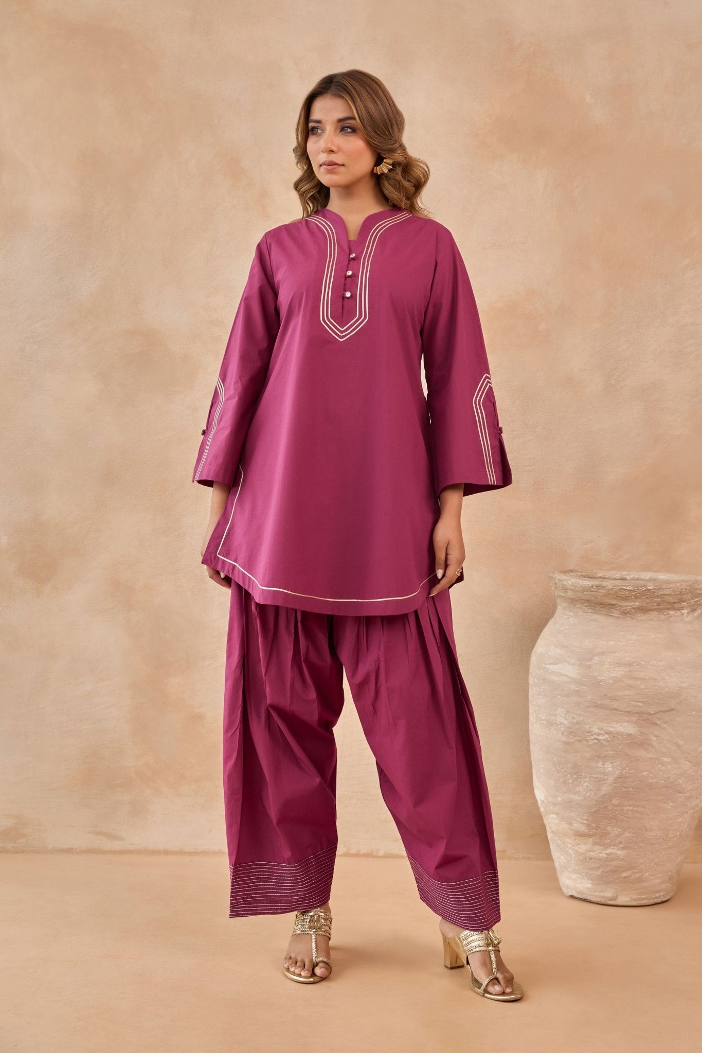 Wine Magenta Gota Piped Farsi Salwar Co-ord Set - Tara-C-Tara