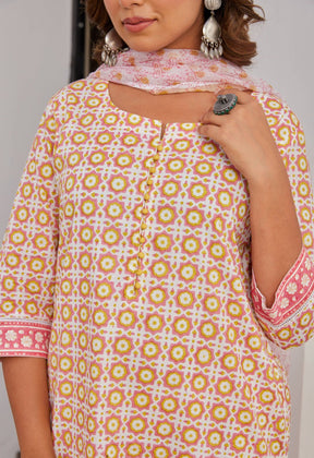 Yellow Abstract Hand Block Printed Kurta Set with Dupatta - Tara - C - Tara