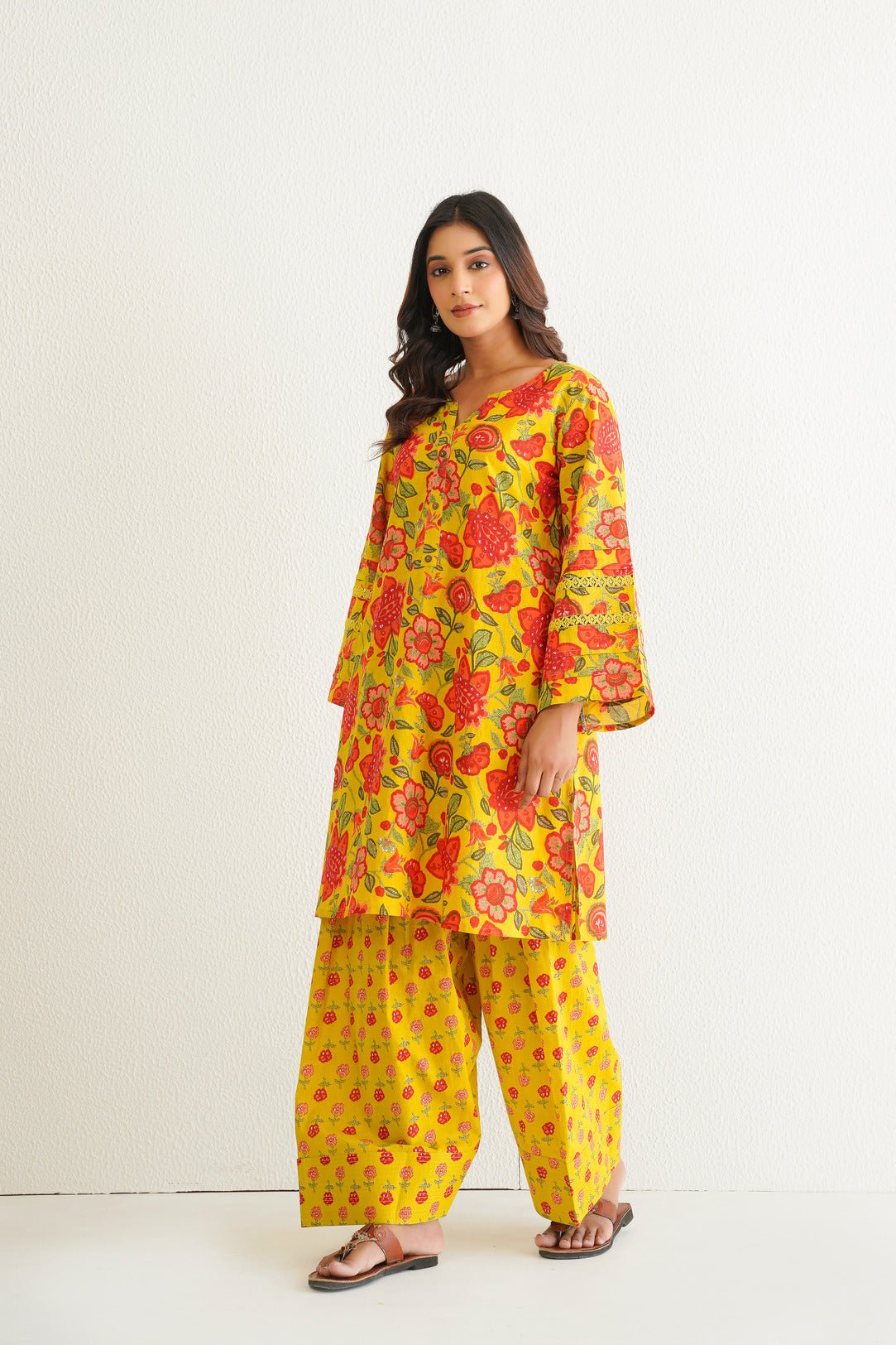 Yellow Cotton Floral Farshi Salwar Coord Set - Tara - C - Tara