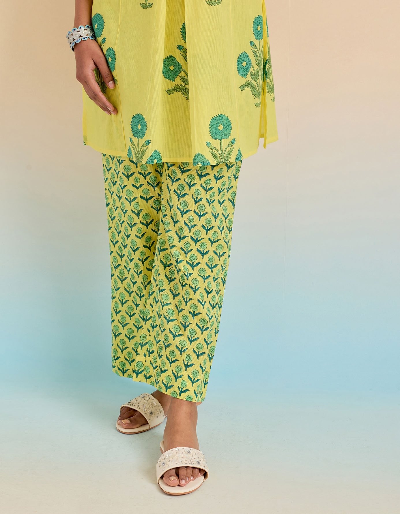 YELLOW COTTON HAND BLOCK PRINTED COORD SET - Tara - C - Tara