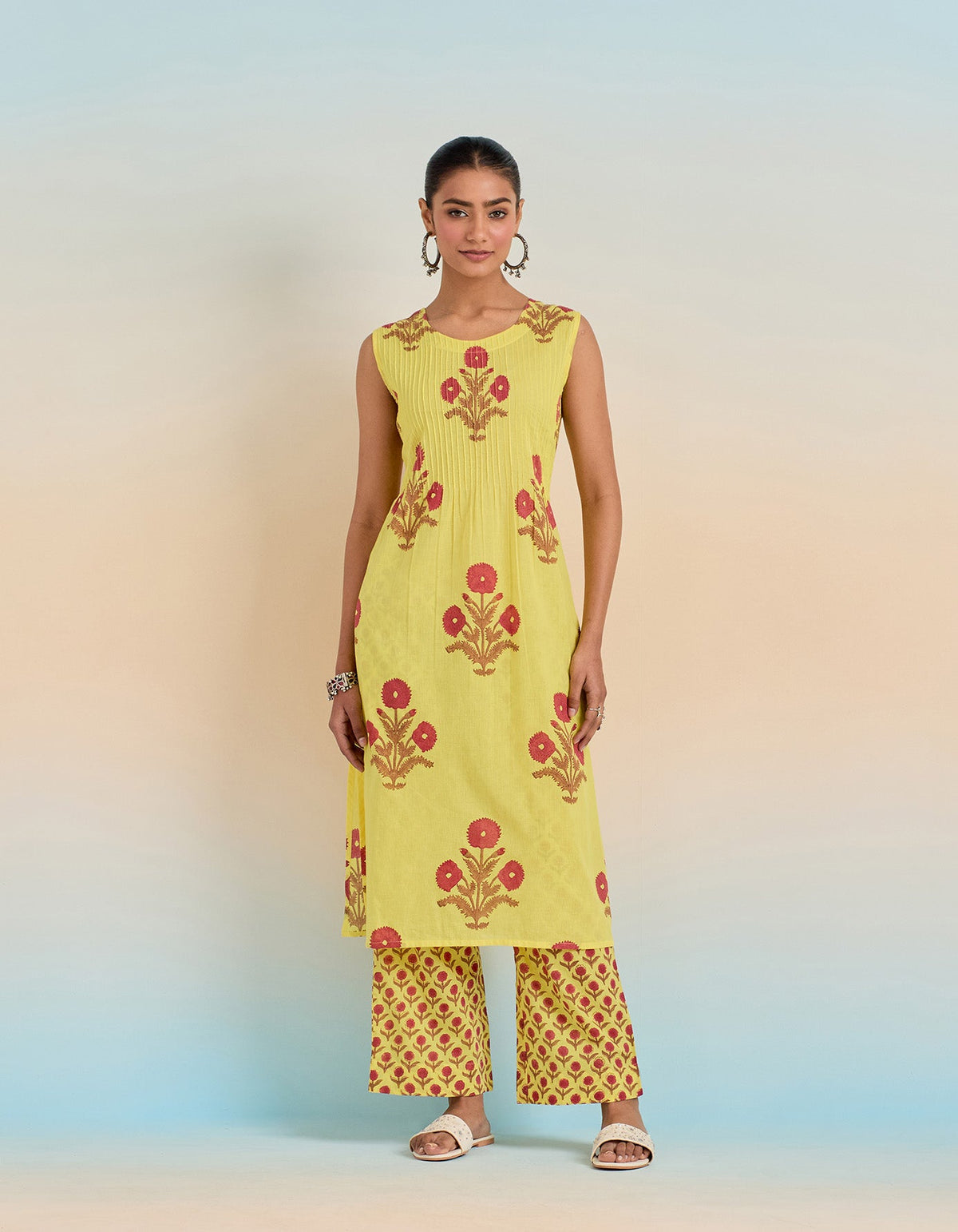 YELLOW FLORAL HAND BLOCK PRINTED COORD SET - Tara - C - Tara