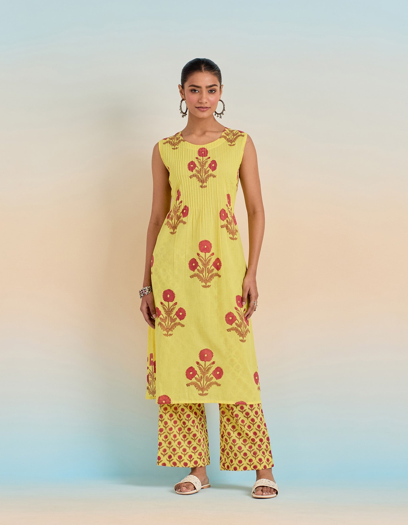 YELLOW FLORAL HAND BLOCK PRINTED COORD SET - Tara - C - Tara