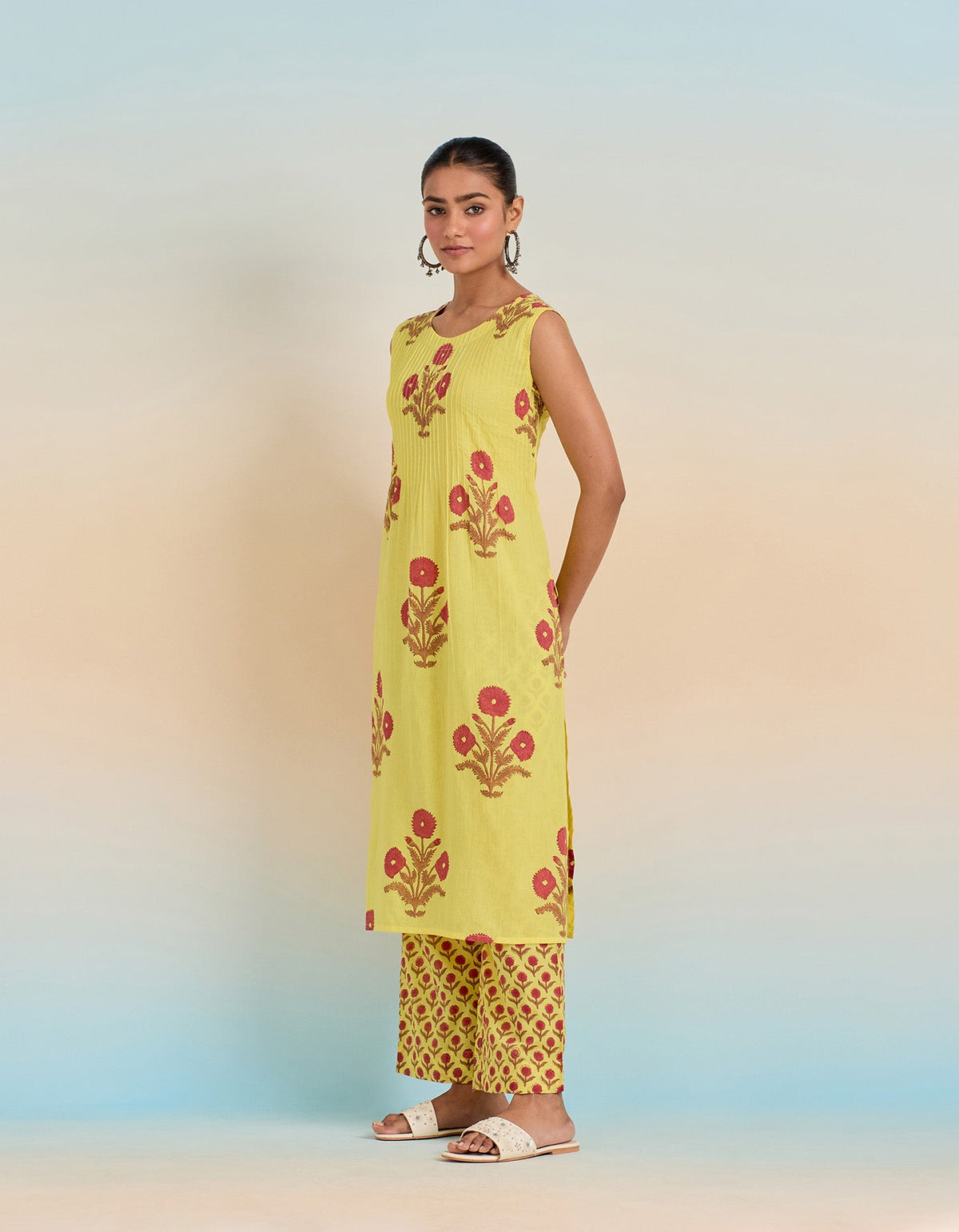 YELLOW FLORAL HAND BLOCK PRINTED COORD SET - Tara - C - Tara