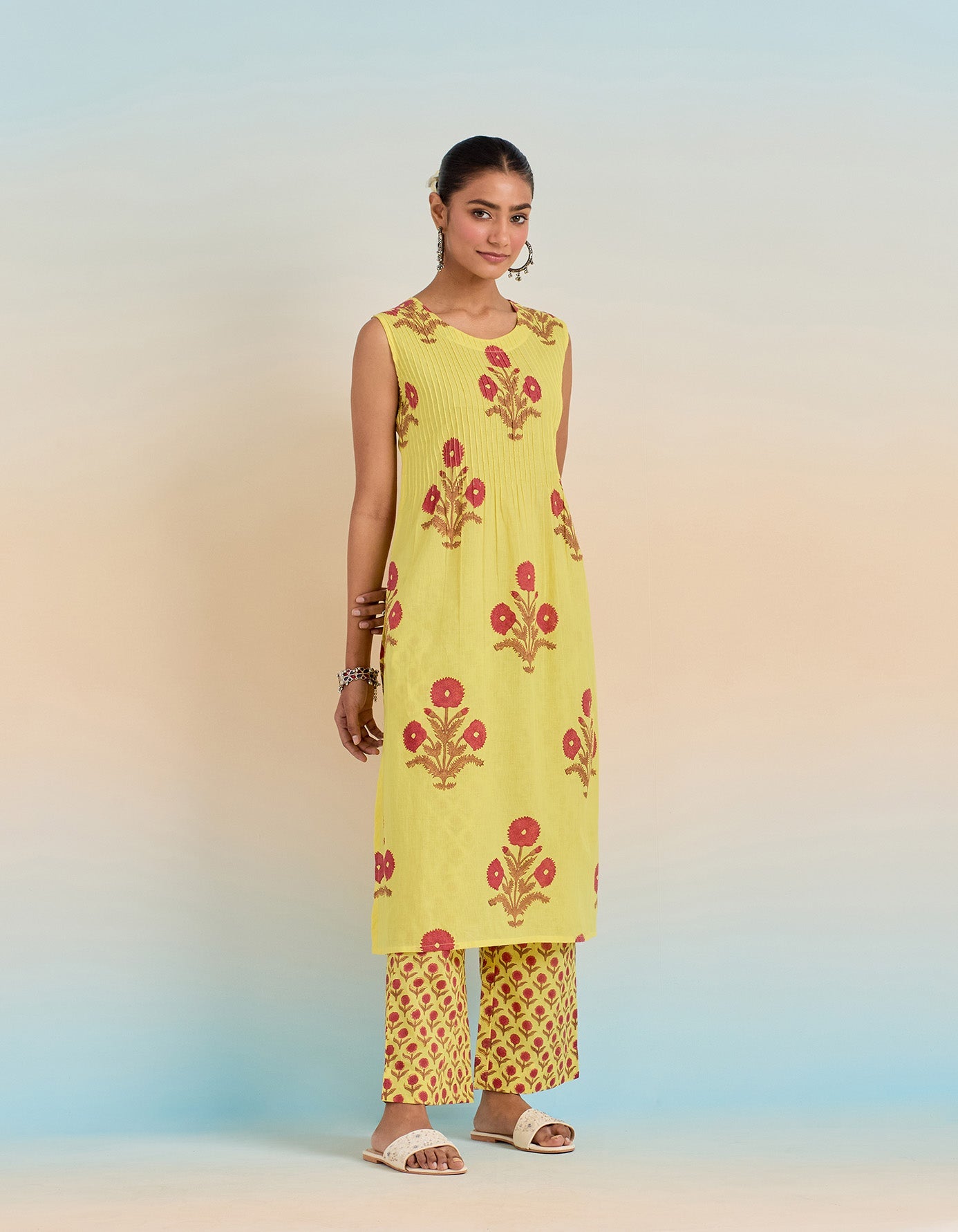 YELLOW FLORAL HAND BLOCK PRINTED COORD SET - Tara - C - Tara