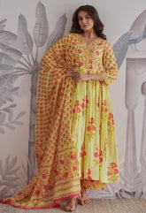 Yellow Floral Printed Anarkali Suit Set - Tara - C - Tara