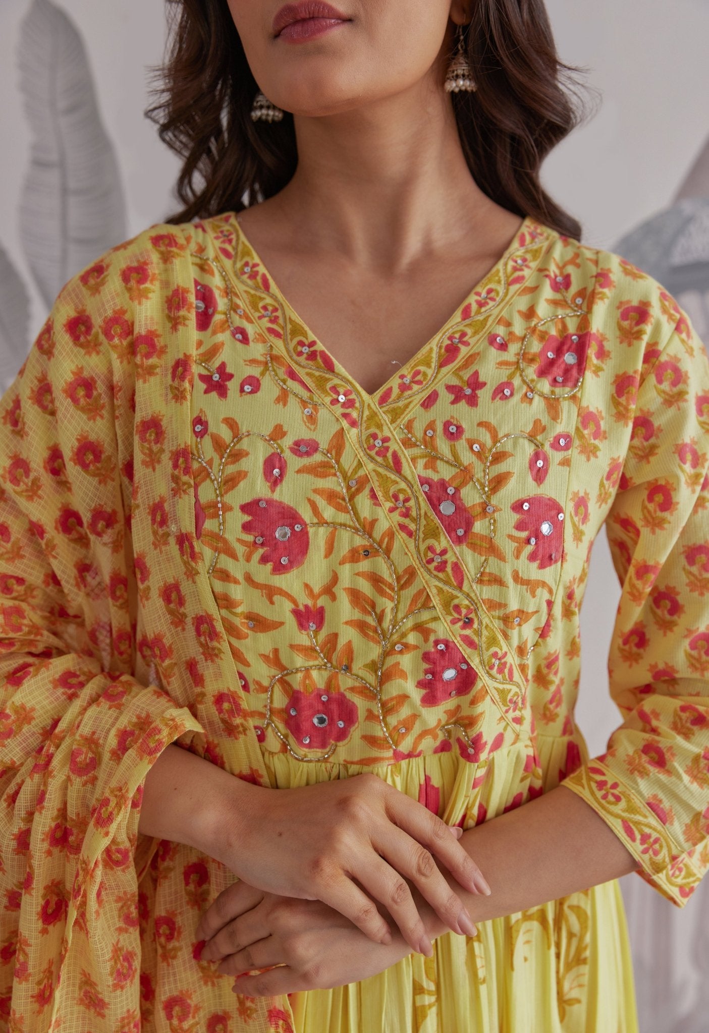 Yellow Floral Printed Anarkali Suit Set - Tara - C - Tara