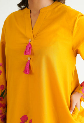 YELLOW FLORAL PRINTED CO - ORD SET WITH FARSI SALWAR PANTS - Tara - C - Tara