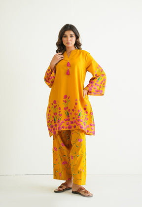 YELLOW FLORAL PRINTED CO - ORD SET WITH FARSI SALWAR PANTS - Tara - C - Tara