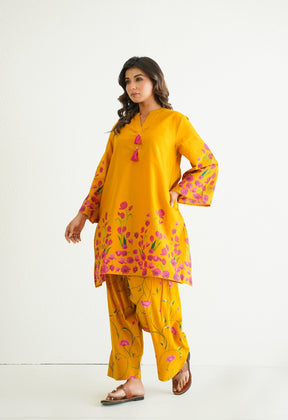 YELLOW FLORAL PRINTED CO - ORD SET WITH FARSI SALWAR PANTS - Tara - C - Tara