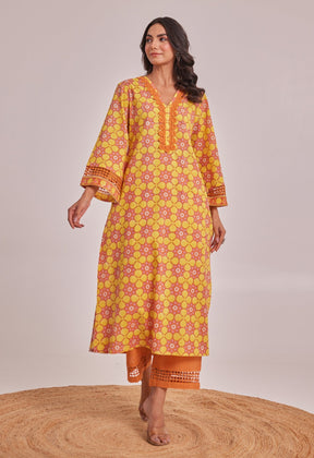 Yellow Geometrical Hand Block Printed Coord Set - Tara - C - Tara