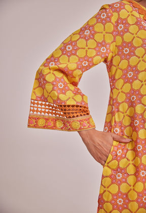 Yellow Geometrical Hand Block Printed Coord Set - Tara - C - Tara