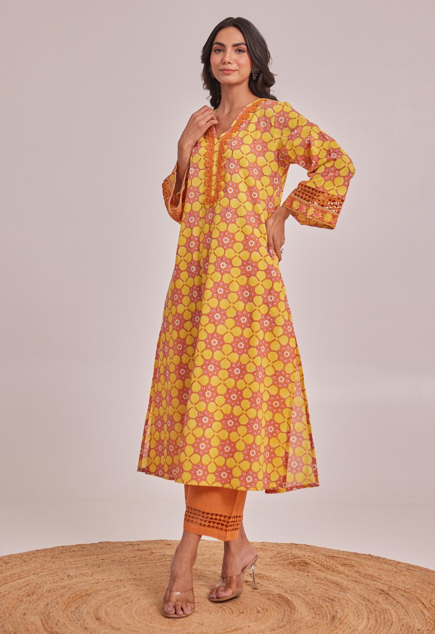 Yellow Geometrical Hand Block Printed Coord Set - Tara - C - Tara