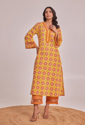 Yellow Geometrical Hand Block Printed Coord Set - Tara - C - Tara