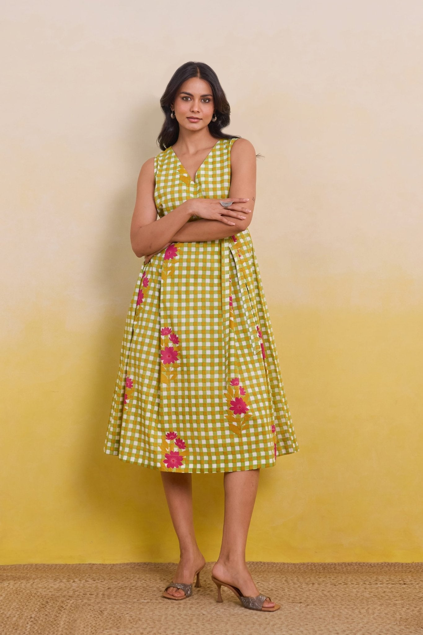Yellow Gingham Floral Dress - Tara - C - Tara