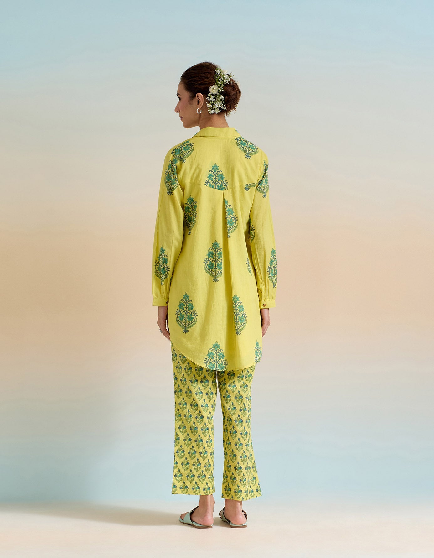 YELLOW GREEN FLORAL HAND BLOCK PRINTED COORD SET - Tara - C - Tara