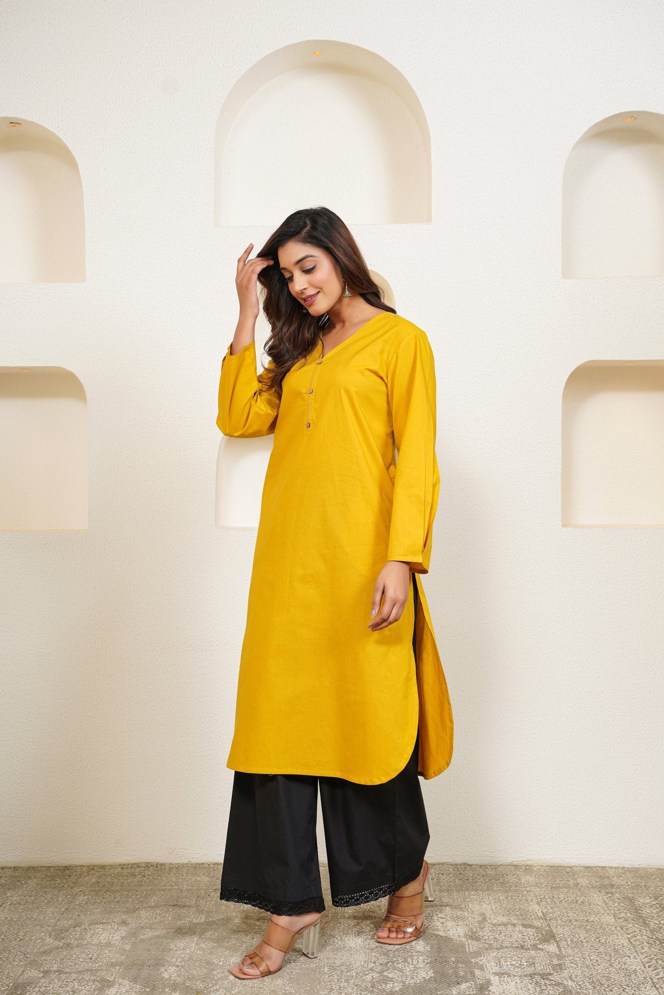 Yellow Premium Cotton Long Kurta - Tara - C - Tara