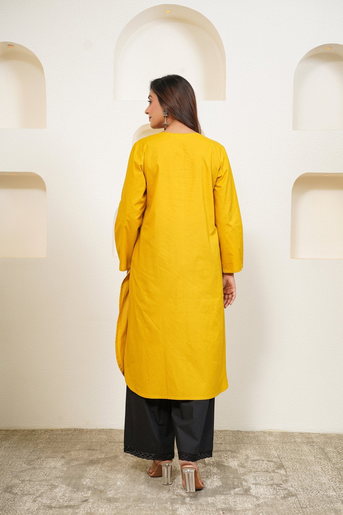 Yellow Premium Cotton Long Kurta - Tara - C - Tara