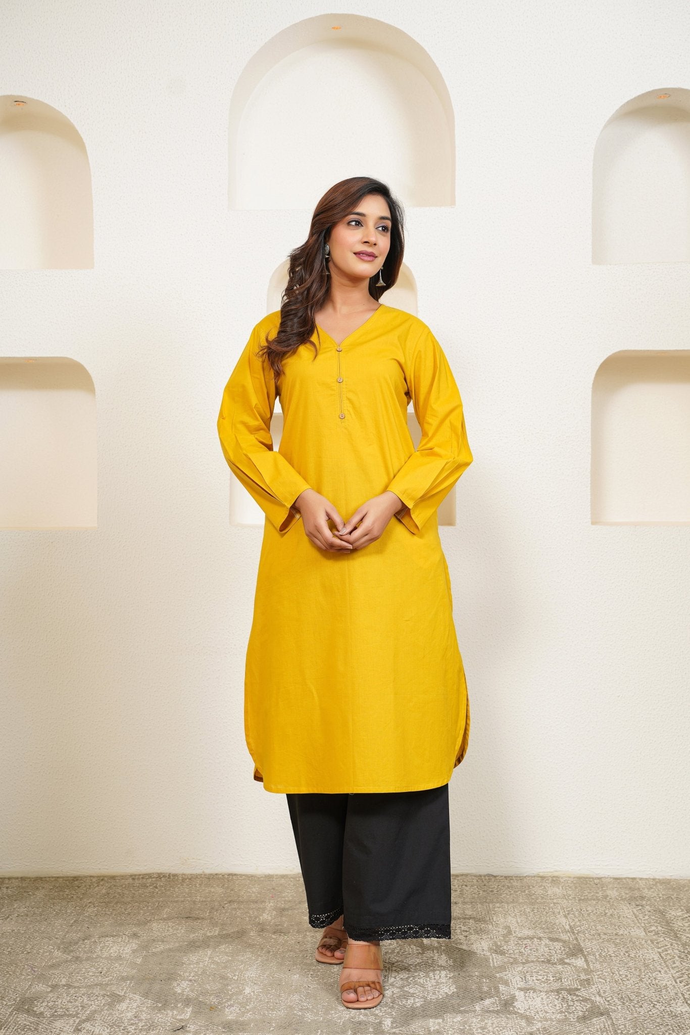 Yellow Premium Cotton Long Kurta - Tara - C - Tara