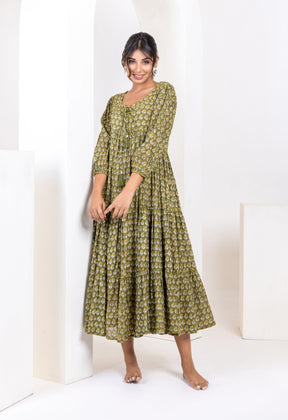 Bagru Hand Block Printed calf Length Dress - Tara-C-Tara