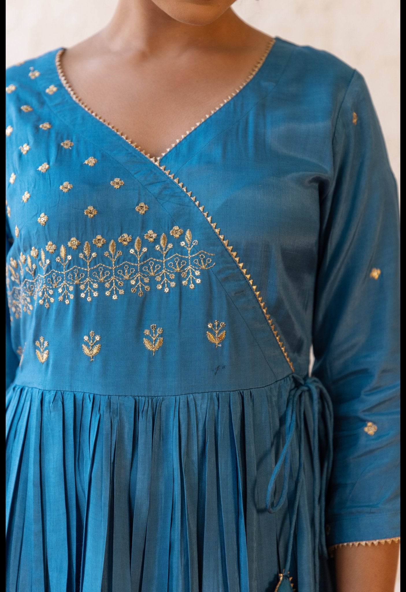Blue Art Silk Embroidered kurta with palazzo and Organza Dupatta (3pc set) - Tara-C-Tara