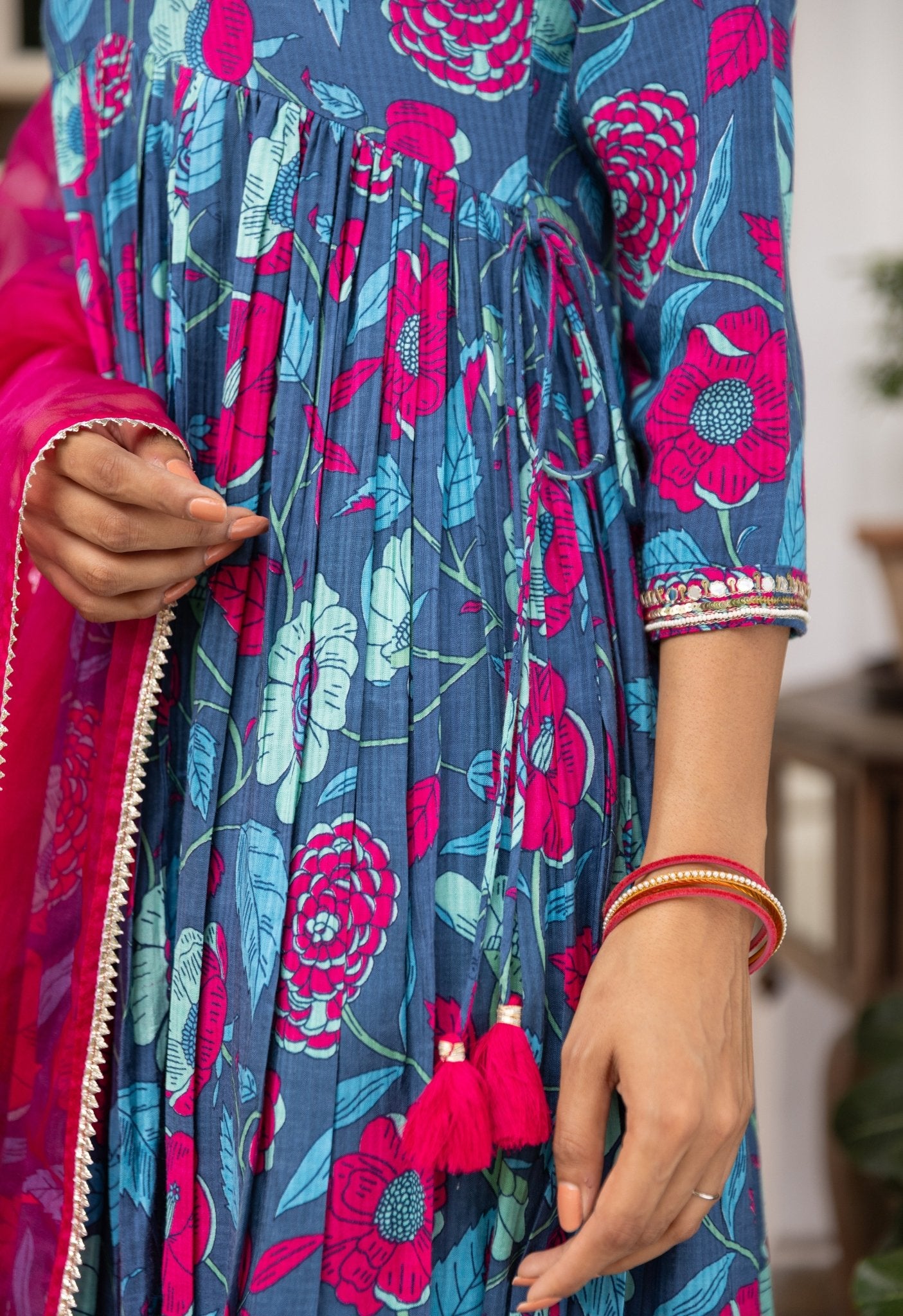 Blue Floral peppy kurta hand embroidered kurta set with organza dupatta - Tara-C-Tara