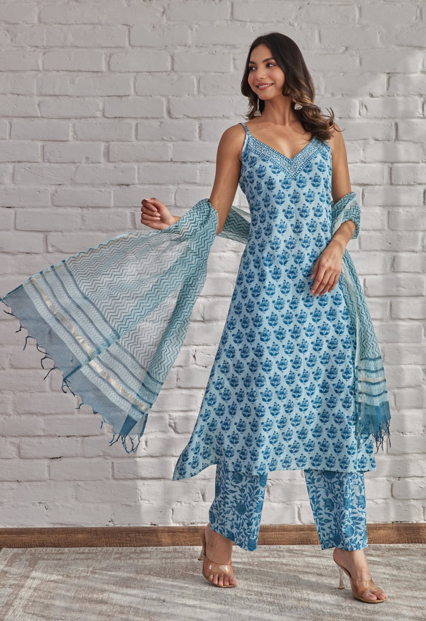 Blue Strappy Suit Set with Doriya Dupatta - Tara-C-Tara