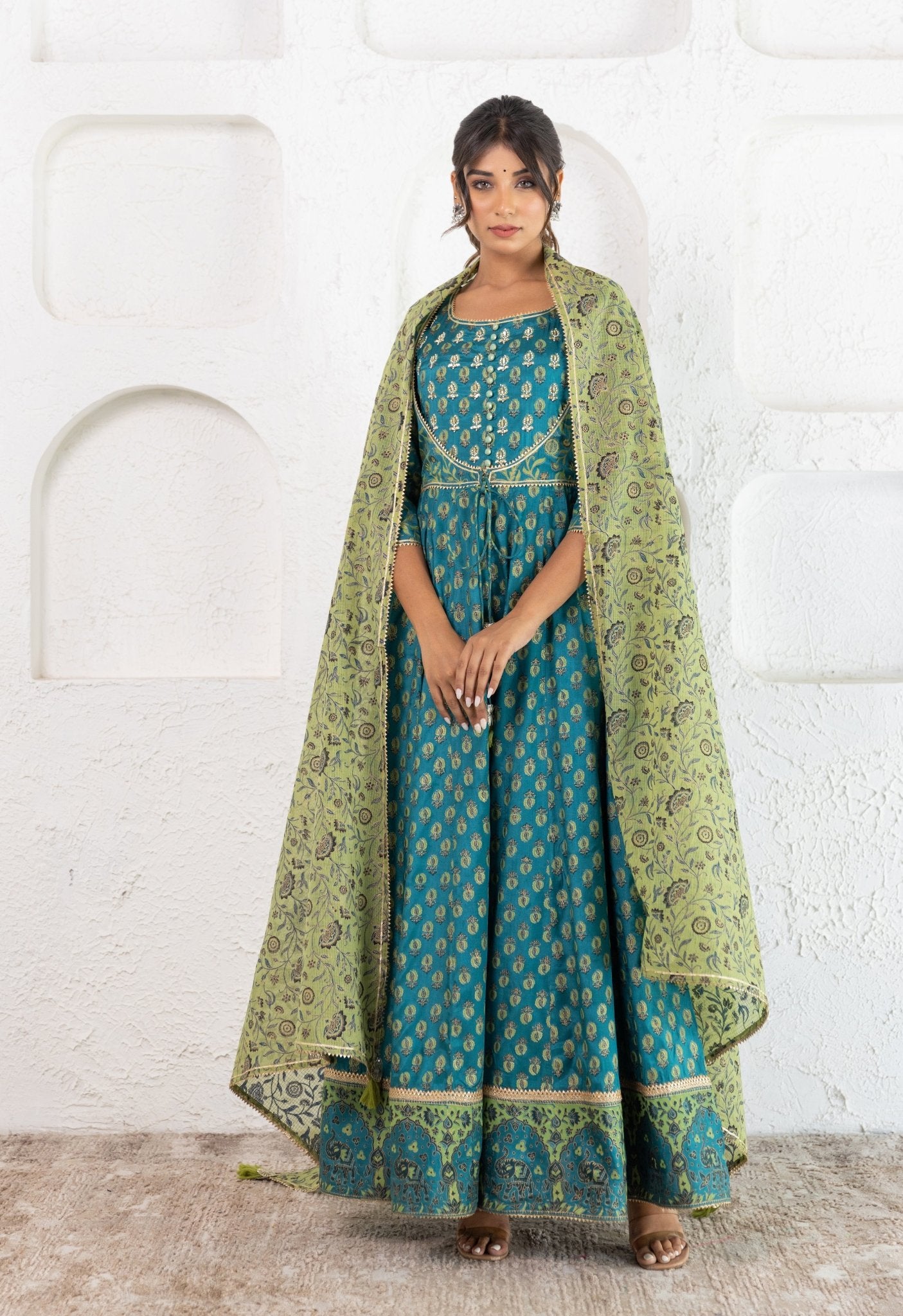 floral booti Printed Long Dress With Doriya Dupatta (2pc Set) - Tara-C-Tara