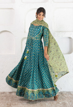 floral booti Printed Long Dress With Doriya Dupatta (2pc Set) - Tara-C-Tara